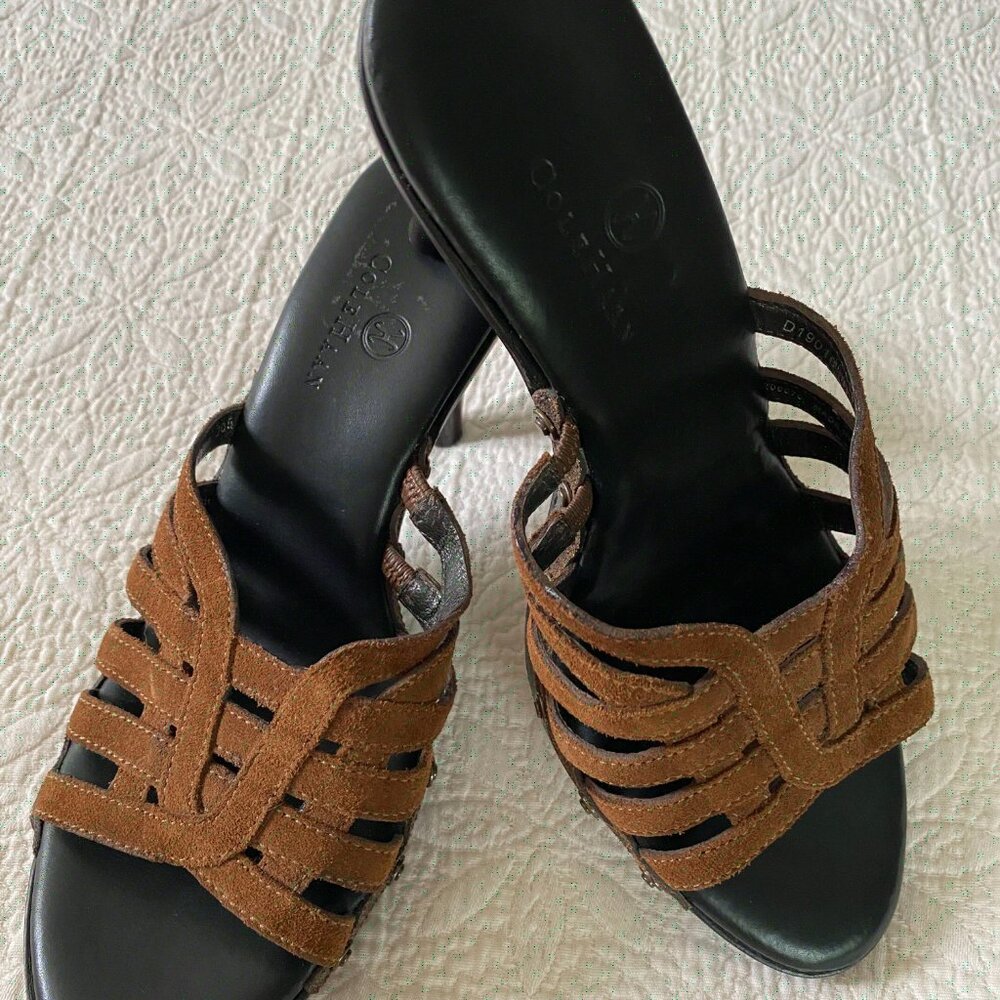 NWOT - Women's Cole Haan Brown Leather & Suede Slip on Studded Heeled Sandals